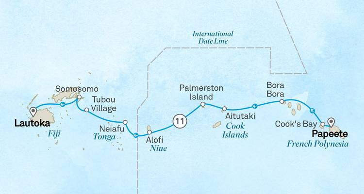 Carte illustrée de la croisière à travers les Fidji, les îles Cook, la Polynésie française et les Tonga avec la ligne d'itinéraire.