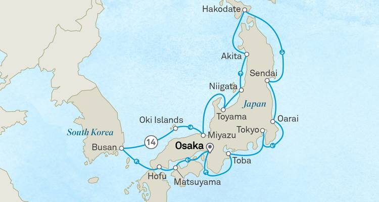 Illustrated cruise route map around Japan, Korea and surrounding ports