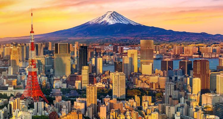 Tokyo skyline with Tokyo Tower and snow-capped Mount Fuji glowing at sunset