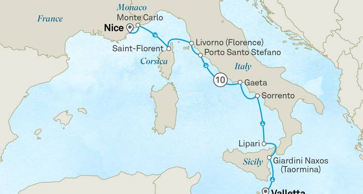 Cruise itinerary map covering French and Italian Mediterranean ports