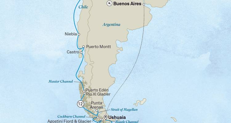Cruise itinerary map following Chilean and Argentine coastline from Buenos Aires to Ushuaia.