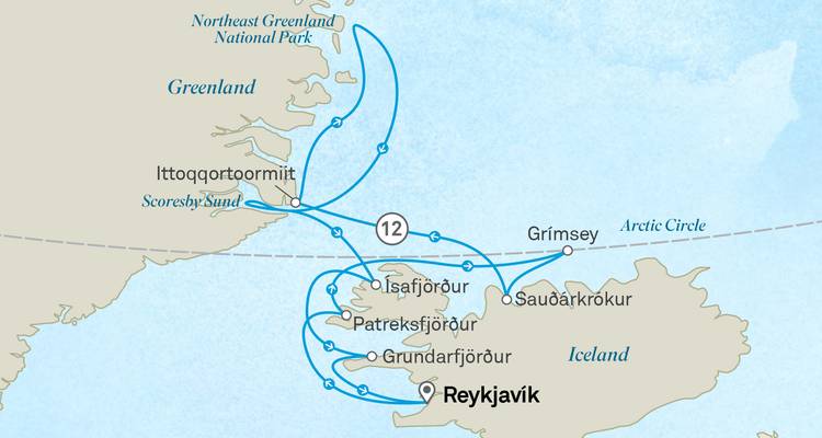 Carte d'itinéraire stylisée montrant un itinéraire de croisière entre l'Islande et le Groenland avec des ports tels que Reykjavik et Scoresby Sound indiqués.