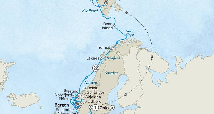 Carte d'itinéraire de croisière mettant en évidence les villes des fjords norvégiens et les destinations du Svalbard.