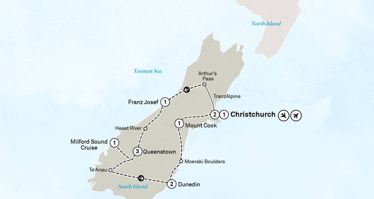 Carte de visite de l'île du Sud de la Nouvelle-Zélande depuis Christchurch couvrant Queenstown, le mont Cook et Milford Sound.