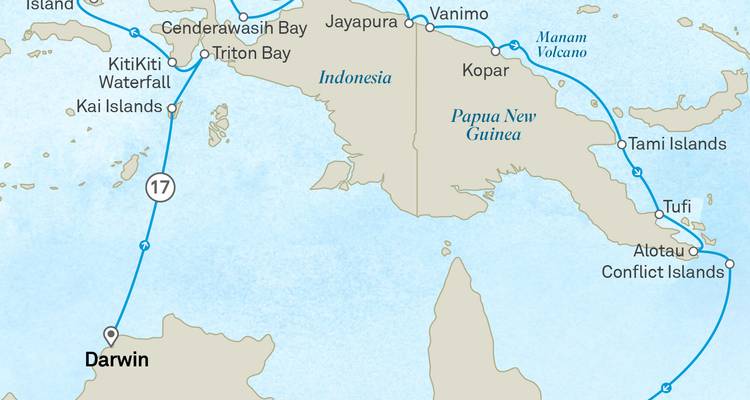 Cruise route map around Papua New Guinea and Eastern Indonesia islands