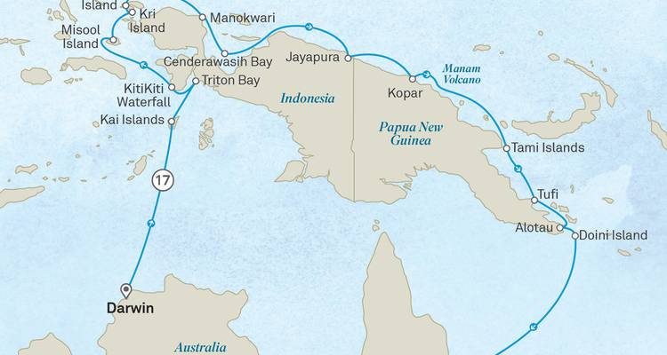 Illustrated route map depicting Indonesia, Papua New Guinea and northern Australia with cruise path and place names.