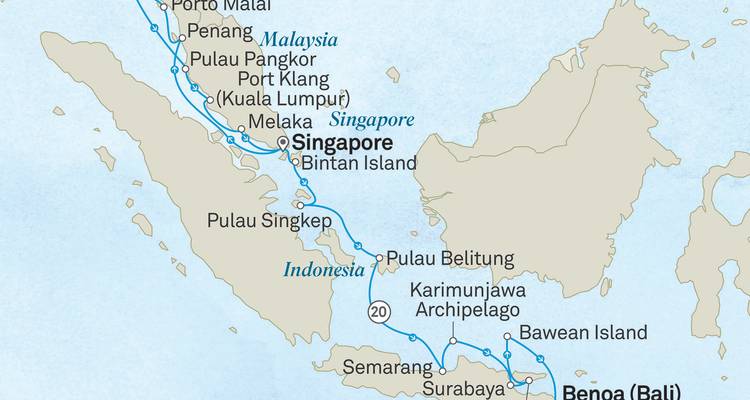 Karte mit hervorgehobener Kreuzfahrtroute von Bali durch Malaysia nach Singapur und Java