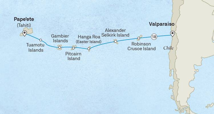 Pacific voyage map connecting Valparaiso, Easter Island and Tahiti