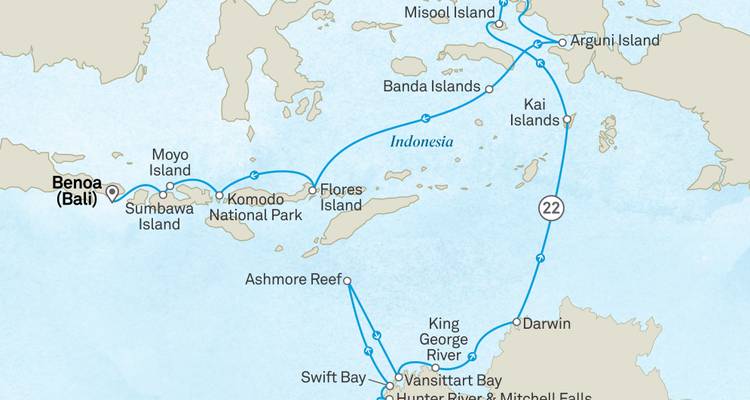 Map showing cruise route between Bali, Komodo, Darwin and Kimberley coast