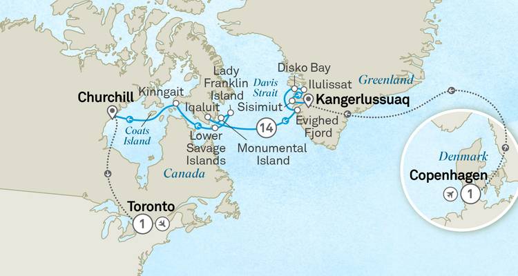 Expedition map linking Greenland, Canada’s Arctic and Copenhagen