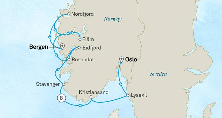 Carte illustrant une croisière de 8 jours en boucle au départ d'Oslo à travers les fjords norvégiens jusqu'à Bergen et retour.
