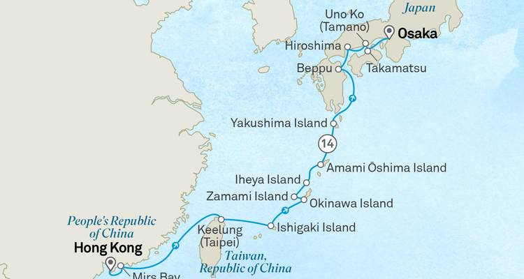 Cruise route map from Hong Kong to Osaka via Taiwan, Okinawa and islands of Japan.