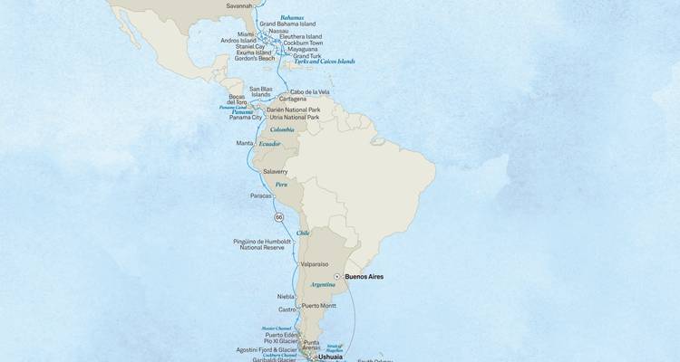 Carte détaillée de l'itinéraire de croisière depuis les États-Unis jusqu'en Antarctique en passant par l'Amérique du Sud.