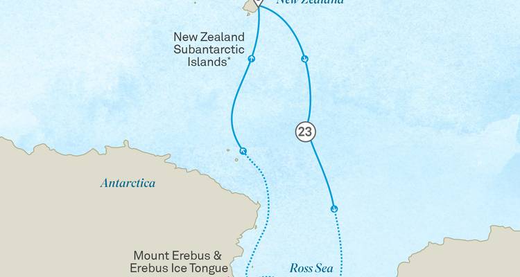 Itinerary map showing a cruise route from New Zealand to the Subantarctic Islands and Ross Sea.
