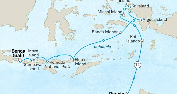 Cruise route map across the Lesser Sunda Islands from Bali to Darwin including Komodo and Misool.