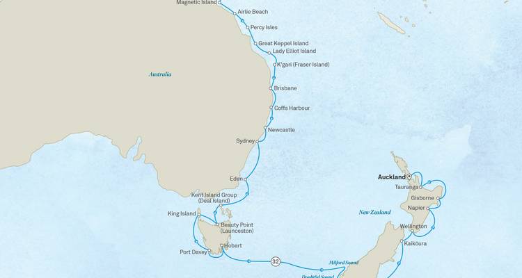 Voyage map outlining a cruise between Australia’s east coast and New Zealand.