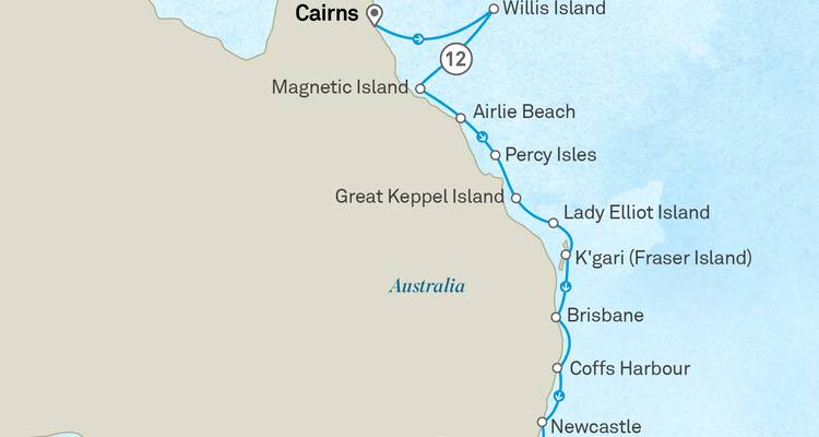 Map showing Great Barrier Reef expedition from Cairns south to Newcastle and return.