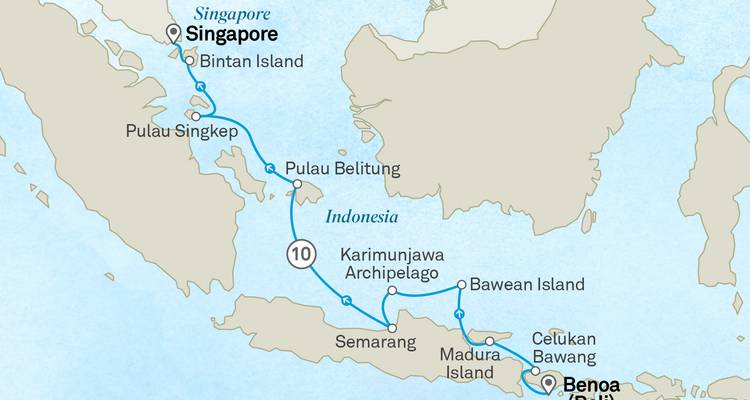 Regional map depicting voyage from Singapore through Indonesian islands to Bali’s Benoa port.