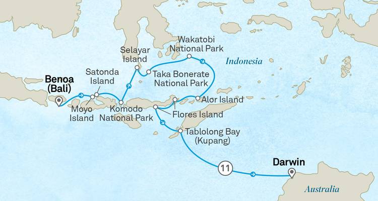 Cruise map showing route from Bali through Komodo and Wakatobi to Darwin.