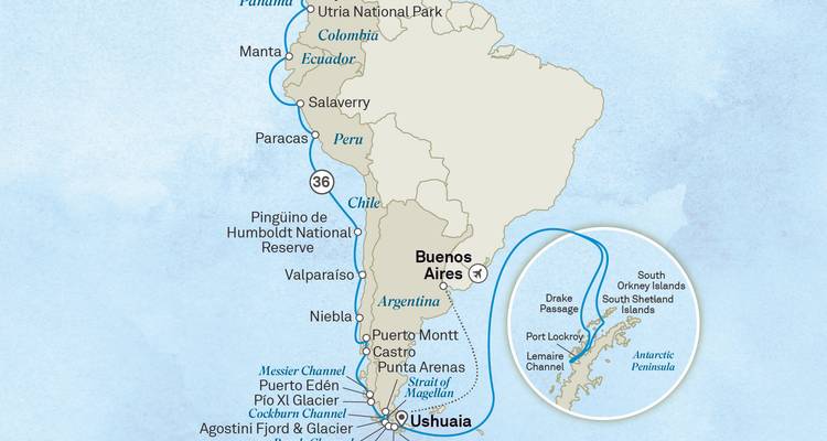 Carte complète du littoral sud-américain mettant en évidence l'expédition du Panama à Ushuaia avec un encart de la péninsule Antarctique.