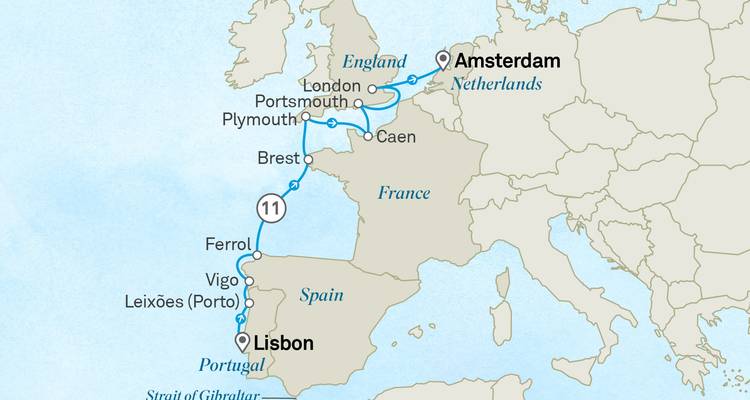 Carte de croisière d'Amsterdam en descendant la côte atlantique jusqu'à Lisbonne avec les escales marquées.