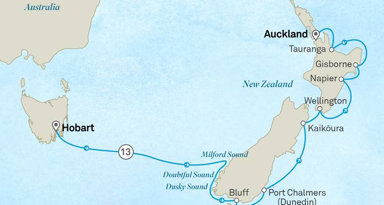 Cruise map connecting Hobart to multiple New Zealand ports including Milford Sound and Auckland.