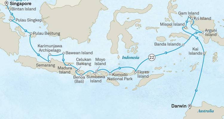 Detailed route map showing a cruise itinerary from Singapore through Indonesian islands to Darwin, Australia.