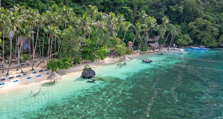 Aerial view of a tropical white-sand beach lined with palm trees and turquoise water with small boats offshore.