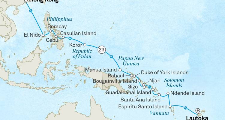 Cruise route map from Hong Kong through the Philippines and Papua New Guinea to Lautoka, Fiji.