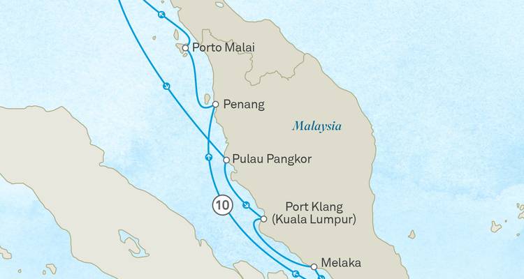 Kaart van cruise-itinerary langs de westkust van Schiereiland Maleisië met Langkawi, Port Klang en Melaka.