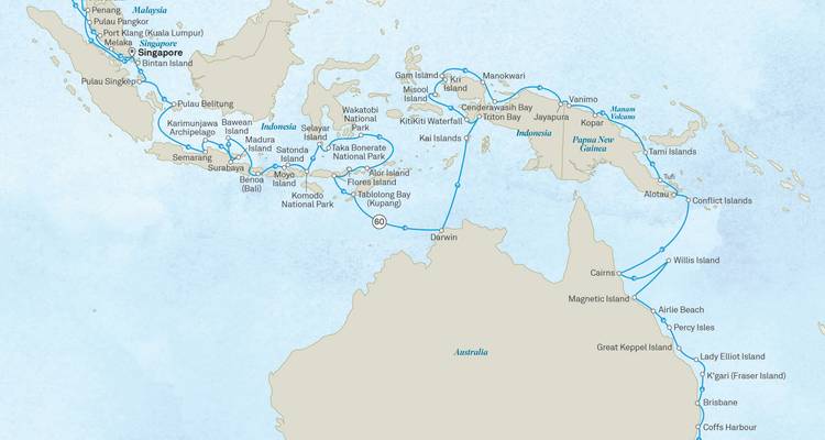 Large regional map of cruise expedition from Indonesia through PNG to Australia showing multiple stops.