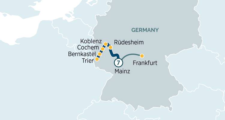 Vereinfachte Karte mit Hervorhebung einer Flusskreuzfahrt durch Weinorte an der Mosel und dem Rhein in Deutschland.