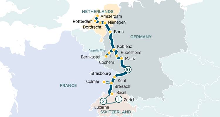 Carte décrivant un itinéraire de croisière fluviale du Rhin aux Pays-Bas avec les principales escales indiquées.