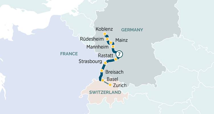 Carte d'un itinéraire de croisière fluviale sur le Rhin traversant la France, l'Allemagne et la Suisse avec les principales escales marquées.
