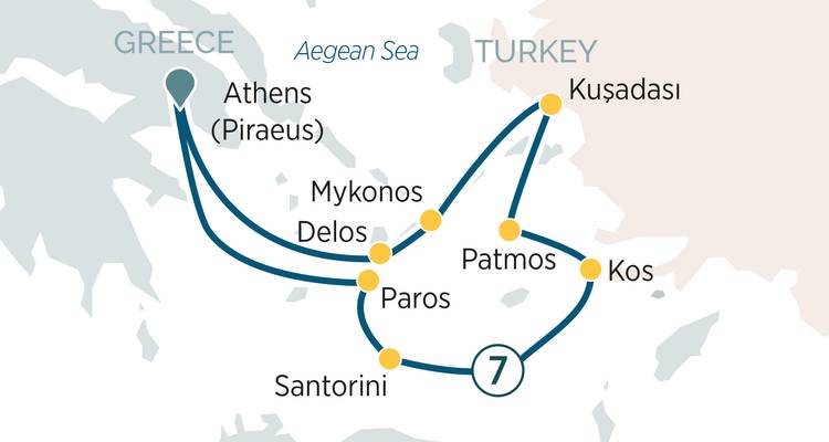 Map of 7-day Aegean cruise from Athens to Greek islands and Kusadasi, Turkey.