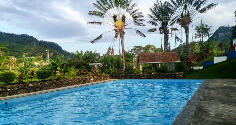Piscina al aire libre rodeada de exuberantes jardines y colinas distantes bajo un cielo nublado.
