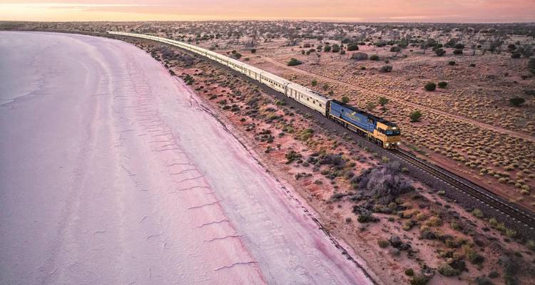 Una vista aérea de un largo tren de pasajeros cortando entre un lago de sal de tonos rosados y matorrales desérticos dispersos al amanecer.