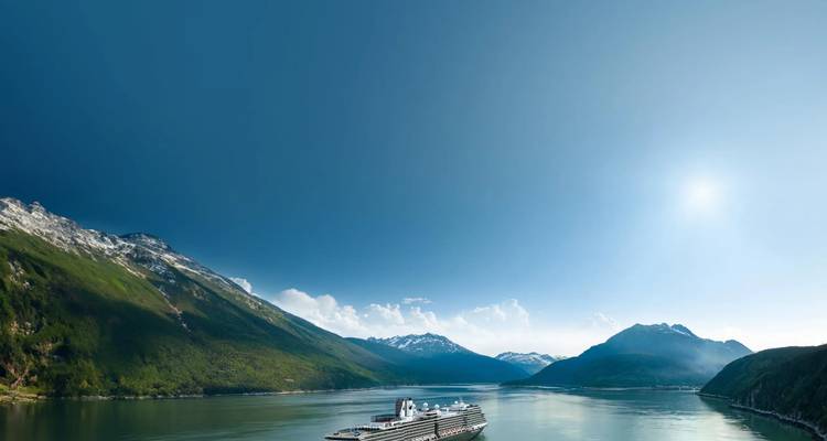 A large ocean cruise ship sails through a serene fjord flanked by dramatic snow-capped mountains under a bright sky.