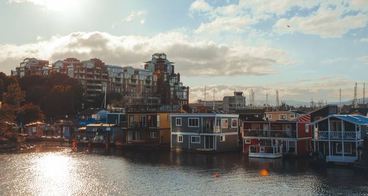 A cluster of floating homes gleams in late afternoon sun with high-rise condos in the background and reflections on the water.