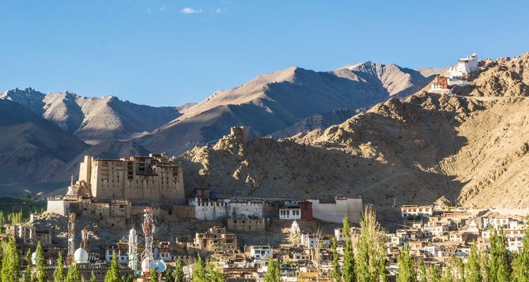 Leh Palace and surrounding town set against rugged brown mountains and clear sky.