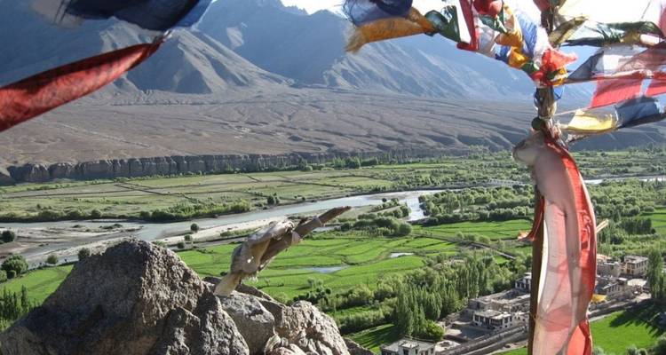 Colorful prayer flags fluttering over a green river valley framed by arid peaks.