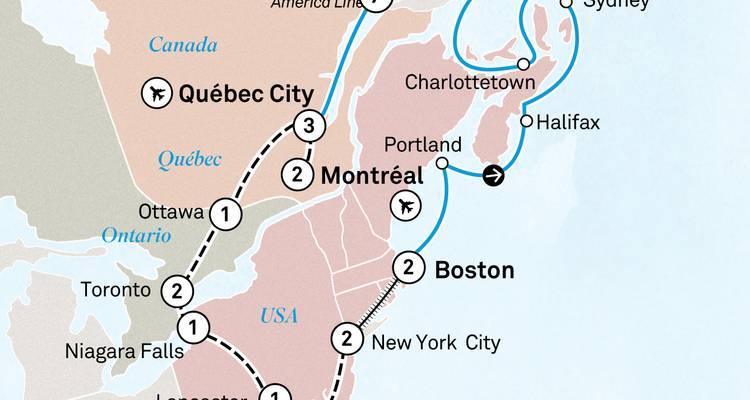 Route map of an Eastern Canada and New England cruise itinerary.