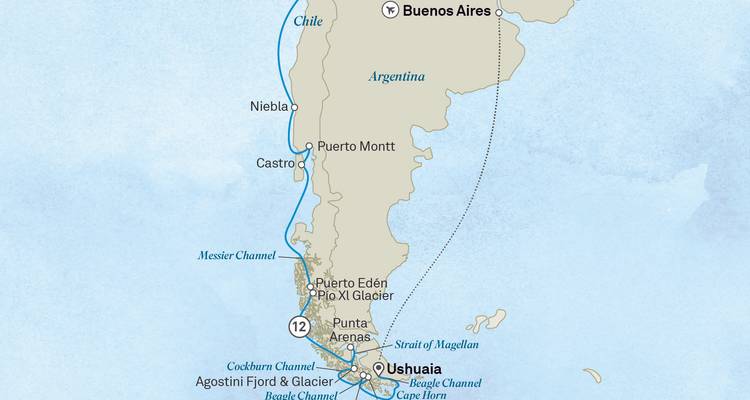 Travel map illustrating a coastal voyage from Buenos Aires to Ushuaia along Chile.