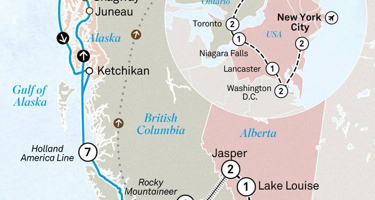 Itinerary map highlighting travel routes through Alaska, British Columbia and the eastern USA and Canada.