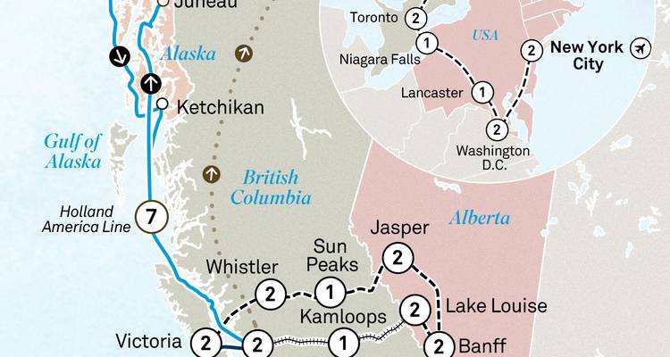 Mapa detallado del tour que conecta los segmentos de Victoria, Vancouver, Kamloops y el crucero por el Inside Passage de Alaska.