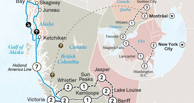 Mapa detallado del tour que combina crucero por Alaska con viaje en tren canadiense y parques