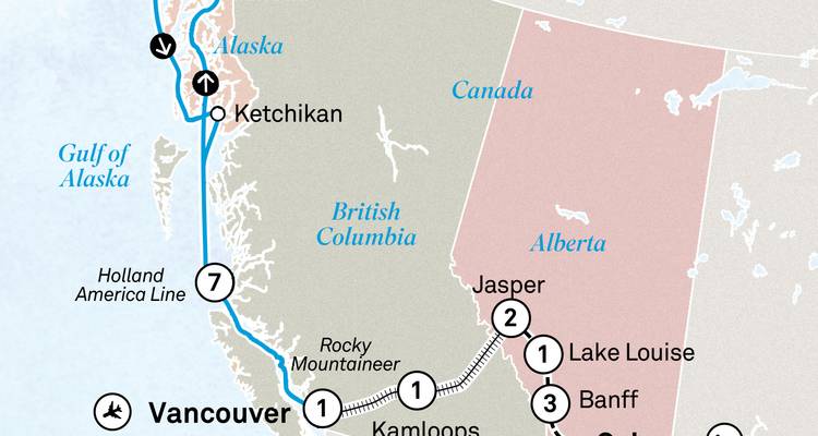 Mapa de ruta que destaca Vancouver, Jasper, Lake Louise y los puertos de Alaska.