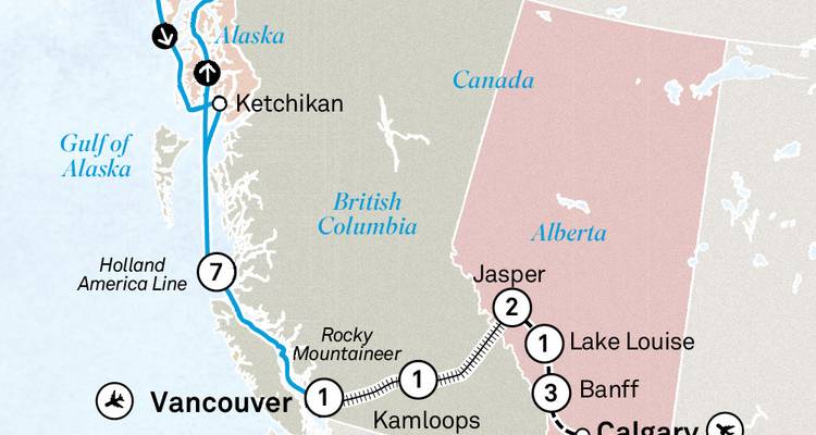 Mapa detallado que muestra el crucero de Vancouver a Alaska con Jasper y Lago Louise.