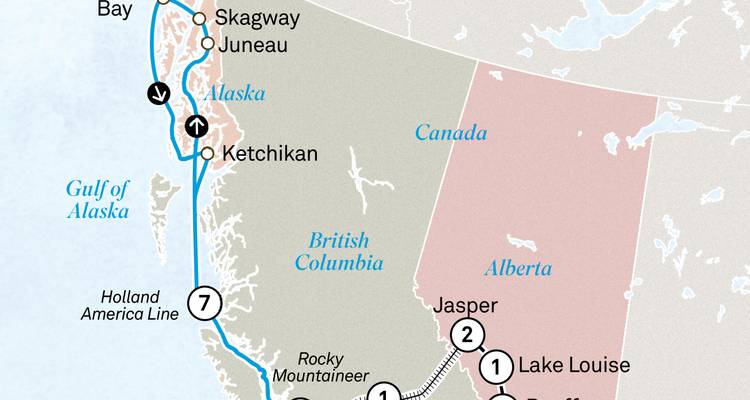 Mapa de ruta de viaje destacando el crucero por Alaska y el viaje en tren por las Montañas Rocosas canadienses
