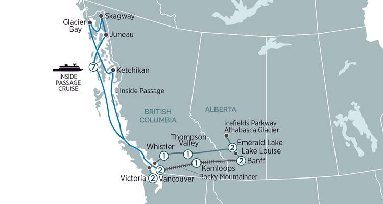Carte du circuit d'une croisière Inside Passage combinée avec un voyage en train Rocky Mountaineer à travers l'ouest du Canada.